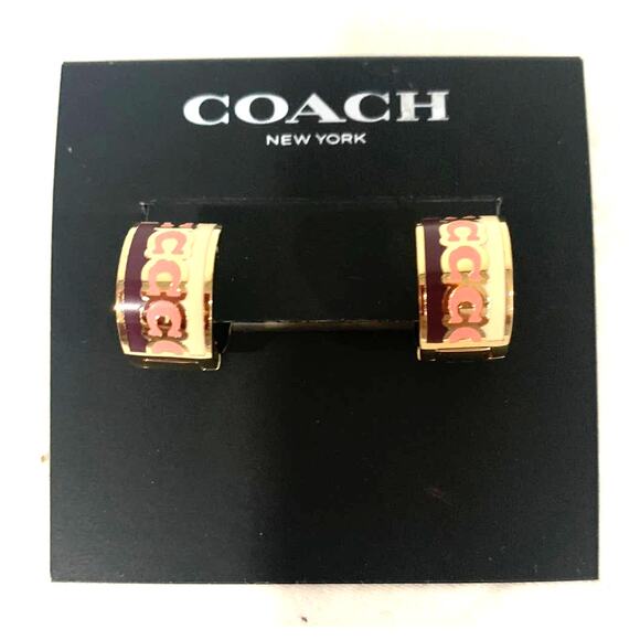 Coach Signature Enamel Chalk Multi Gold Hoop Earrings Gold Tome Size: 0.5'“ - Picture 3 of 3